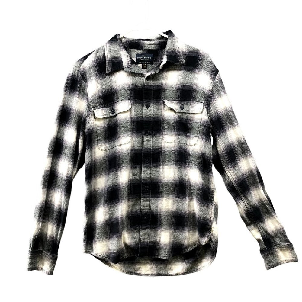 Lucky Brand Flannel Shirt Mens Small S Saturday Stretch Navy Blue Plaid
